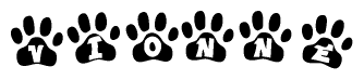 The image shows a row of animal paw prints, each containing a letter. The letters spell out the word Vionne within the paw prints.