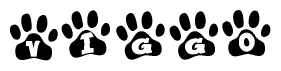 The image shows a series of animal paw prints arranged in a horizontal line. Each paw print contains a letter, and together they spell out the word Viggo.