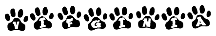 The image shows a row of animal paw prints, each containing a letter. The letters spell out the word Vifginia within the paw prints.