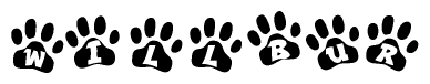 The image shows a series of animal paw prints arranged horizontally. Within each paw print, there's a letter; together they spell Willbur