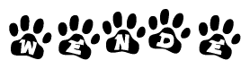 The image shows a series of animal paw prints arranged in a horizontal line. Each paw print contains a letter, and together they spell out the word Wende.