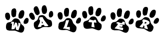 The image shows a row of animal paw prints, each containing a letter. The letters spell out the word Walter within the paw prints.