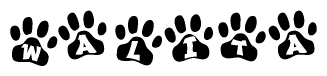 The image shows a row of animal paw prints, each containing a letter. The letters spell out the word Walita within the paw prints.