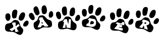 The image shows a series of animal paw prints arranged horizontally. Within each paw print, there's a letter; together they spell Xander