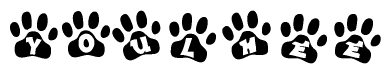 The image shows a series of animal paw prints arranged in a horizontal line. Each paw print contains a letter, and together they spell out the word Youlhee.