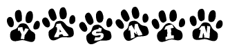 The image shows a series of animal paw prints arranged in a horizontal line. Each paw print contains a letter, and together they spell out the word Yasmin.
