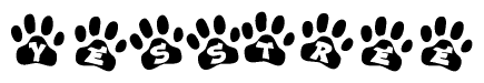 The image shows a series of animal paw prints arranged in a horizontal line. Each paw print contains a letter, and together they spell out the word Yesstree.