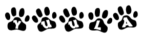 The image shows a series of animal paw prints arranged horizontally. Within each paw print, there's a letter; together they spell Yuula