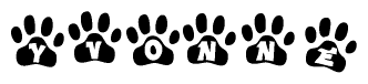 The image shows a series of animal paw prints arranged in a horizontal line. Each paw print contains a letter, and together they spell out the word Yvonne.