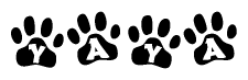 The image shows a series of animal paw prints arranged in a horizontal line. Each paw print contains a letter, and together they spell out the word Yaya.