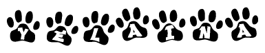 The image shows a row of animal paw prints, each containing a letter. The letters spell out the word Yelaina within the paw prints.