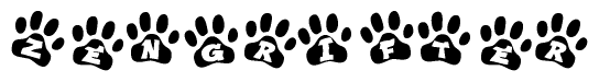 The image shows a series of animal paw prints arranged horizontally. Within each paw print, there's a letter; together they spell Zengrifter