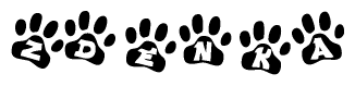 The image shows a series of animal paw prints arranged in a horizontal line. Each paw print contains a letter, and together they spell out the word Zdenka.