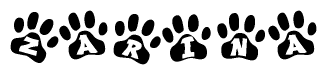 The image shows a series of animal paw prints arranged in a horizontal line. Each paw print contains a letter, and together they spell out the word Zarina.