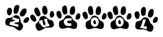 The image shows a row of animal paw prints, each containing a letter. The letters spell out the word Zucool within the paw prints.