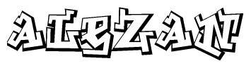 The clipart image depicts the word Alezan in a style reminiscent of graffiti. The letters are drawn in a bold, block-like script with sharp angles and a three-dimensional appearance.