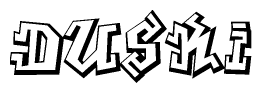 The clipart image depicts the word Duski in a style reminiscent of graffiti. The letters are drawn in a bold, block-like script with sharp angles and a three-dimensional appearance.