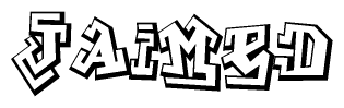 The image is a stylized representation of the letters Jaimed designed to mimic the look of graffiti text. The letters are bold and have a three-dimensional appearance, with emphasis on angles and shadowing effects.