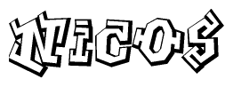 The clipart image depicts the word Nicos in a style reminiscent of graffiti. The letters are drawn in a bold, block-like script with sharp angles and a three-dimensional appearance.