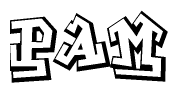 The image is a stylized representation of the letters Pam designed to mimic the look of graffiti text. The letters are bold and have a three-dimensional appearance, with emphasis on angles and shadowing effects.