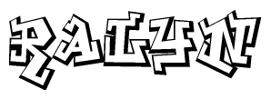The image is a stylized representation of the letters Ralyn designed to mimic the look of graffiti text. The letters are bold and have a three-dimensional appearance, with emphasis on angles and shadowing effects.