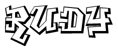 The image is a stylized representation of the letters Rudy designed to mimic the look of graffiti text. The letters are bold and have a three-dimensional appearance, with emphasis on angles and shadowing effects.