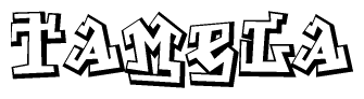 The image is a stylized representation of the letters Tamela designed to mimic the look of graffiti text. The letters are bold and have a three-dimensional appearance, with emphasis on angles and shadowing effects.