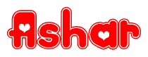 The image is a clipart featuring the word Ashar written in a stylized font with a heart shape replacing inserted into the center of each letter. The color scheme of the text and hearts is red with a light outline.