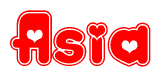 The image displays the word Asia written in a stylized red font with hearts inside the letters.