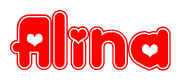The image is a red and white graphic with the word Alina written in a decorative script. Each letter in  is contained within its own outlined bubble-like shape. Inside each letter, there is a white heart symbol.