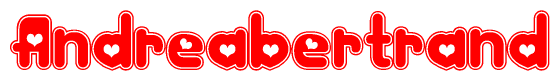 The image is a red and white graphic with the word Andreabertrand written in a decorative script. Each letter in  is contained within its own outlined bubble-like shape. Inside each letter, there is a white heart symbol.