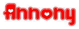 The image is a clipart featuring the word Annony written in a stylized font with a heart shape replacing inserted into the center of each letter. The color scheme of the text and hearts is red with a light outline.