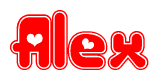 The image is a red and white graphic with the word Alex written in a decorative script. Each letter in  is contained within its own outlined bubble-like shape. Inside each letter, there is a white heart symbol.