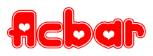 The image is a red and white graphic with the word Acbar written in a decorative script. Each letter in  is contained within its own outlined bubble-like shape. Inside each letter, there is a white heart symbol.
