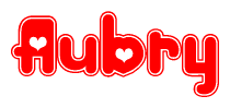 The image is a clipart featuring the word Aubry written in a stylized font with a heart shape replacing inserted into the center of each letter. The color scheme of the text and hearts is red with a light outline.