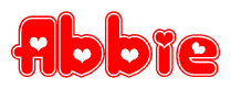 The image is a red and white graphic with the word Abbie written in a decorative script. Each letter in  is contained within its own outlined bubble-like shape. Inside each letter, there is a white heart symbol.