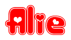 The image is a red and white graphic with the word Alie written in a decorative script. Each letter in  is contained within its own outlined bubble-like shape. Inside each letter, there is a white heart symbol.