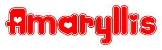 The image is a red and white graphic with the word Amaryllis written in a decorative script. Each letter in  is contained within its own outlined bubble-like shape. Inside each letter, there is a white heart symbol.