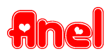 The image is a red and white graphic with the word Anel written in a decorative script. Each letter in  is contained within its own outlined bubble-like shape. Inside each letter, there is a white heart symbol.