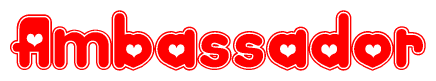 The image is a red and white graphic with the word Ambassador written in a decorative script. Each letter in  is contained within its own outlined bubble-like shape. Inside each letter, there is a white heart symbol.
