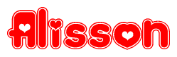 The image is a clipart featuring the word Alisson written in a stylized font with a heart shape replacing inserted into the center of each letter. The color scheme of the text and hearts is red with a light outline.