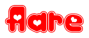 The image is a red and white graphic with the word Aare written in a decorative script. Each letter in  is contained within its own outlined bubble-like shape. Inside each letter, there is a white heart symbol.