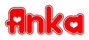 The image is a clipart featuring the word Anka written in a stylized font with a heart shape replacing inserted into the center of each letter. The color scheme of the text and hearts is red with a light outline.