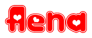 The image is a red and white graphic with the word Aena written in a decorative script. Each letter in  is contained within its own outlined bubble-like shape. Inside each letter, there is a white heart symbol.
