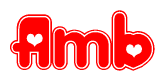 The image is a red and white graphic with the word Amb written in a decorative script. Each letter in  is contained within its own outlined bubble-like shape. Inside each letter, there is a white heart symbol.