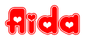 The image is a red and white graphic with the word Aida written in a decorative script. Each letter in  is contained within its own outlined bubble-like shape. Inside each letter, there is a white heart symbol.
