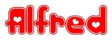 The image displays the word Alfred written in a stylized red font with hearts inside the letters.