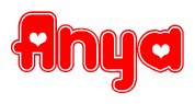 The image displays the word Anya written in a stylized red font with hearts inside the letters.