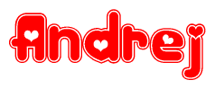The image is a clipart featuring the word Andrej written in a stylized font with a heart shape replacing inserted into the center of each letter. The color scheme of the text and hearts is red with a light outline.