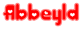 The image is a clipart featuring the word Abbeyld written in a stylized font with a heart shape replacing inserted into the center of each letter. The color scheme of the text and hearts is red with a light outline.